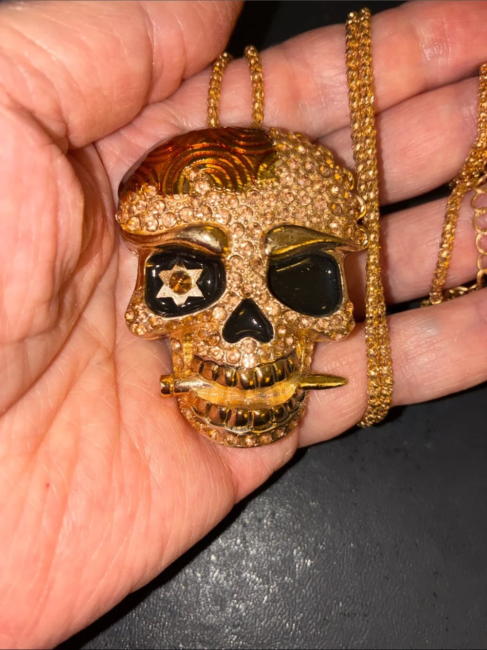 Gold Crystal Skull Pendant Necklace